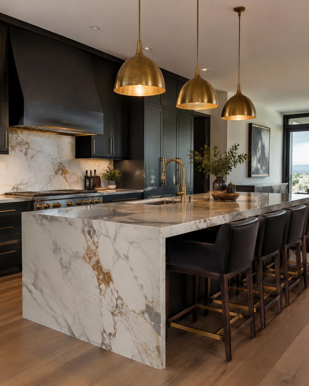 Gourmet kitchen with marble island and brass fixtures