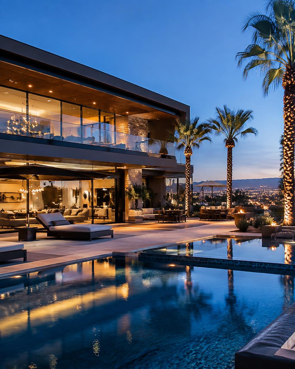 Modern luxury Nevada home with pool at blue hour