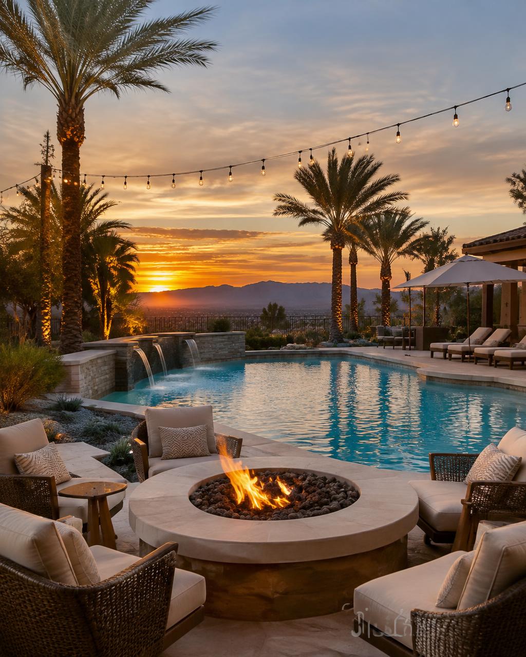 Resort-style backyard pool at sunset with fire pit