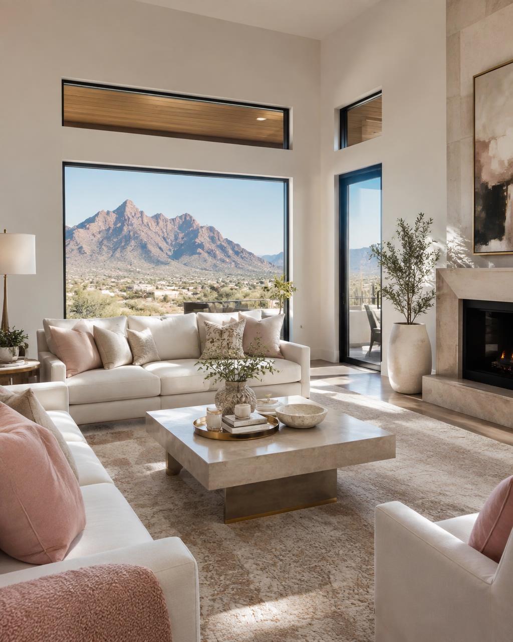 Staged living room with desert mountain view