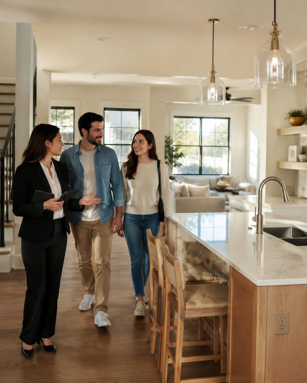 Couple touring a bright modern home with their realtor