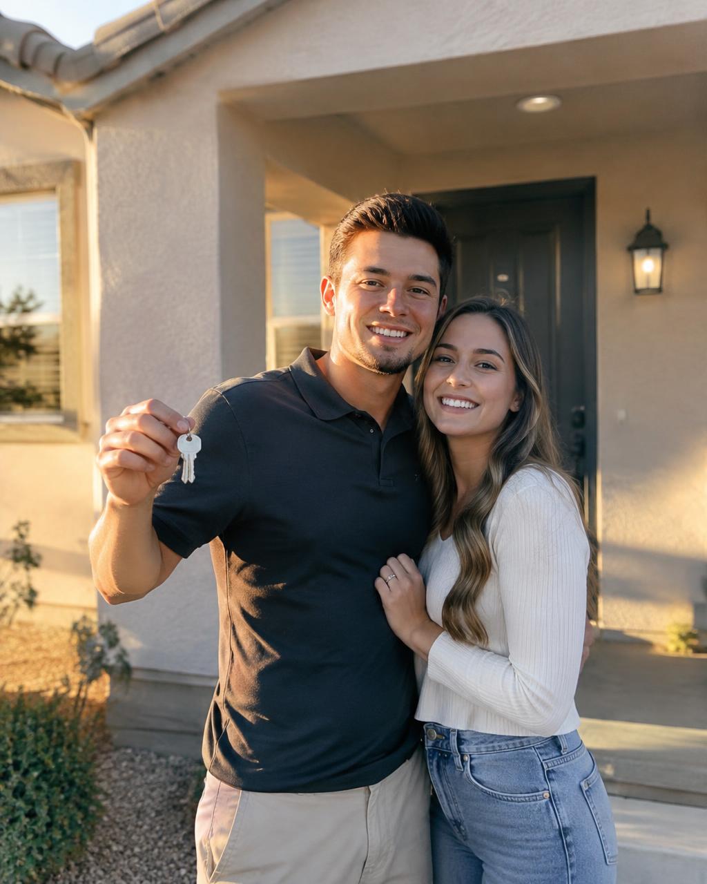 Happy couple holding the keys to their first home