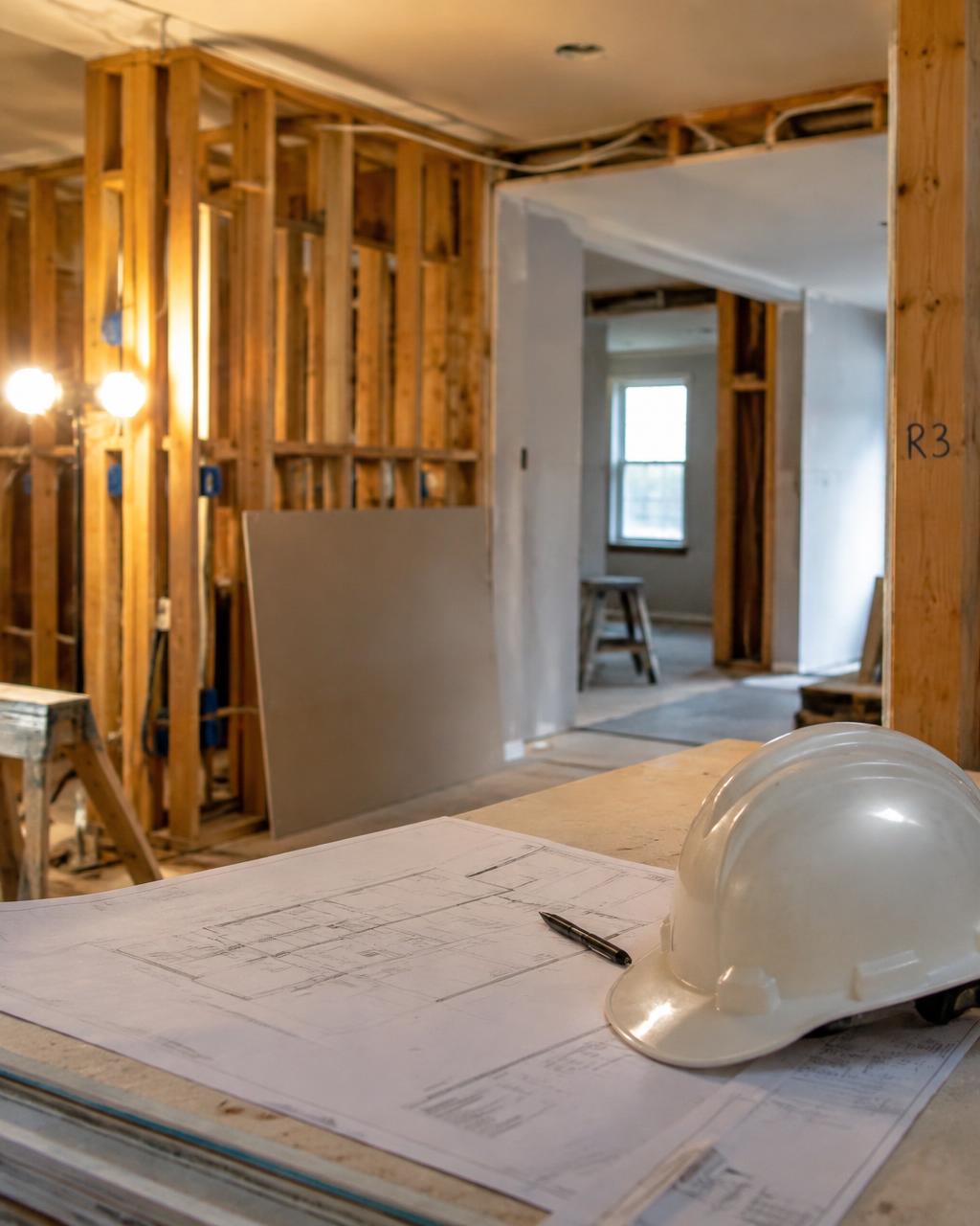 Home renovation in progress with blueprints and a hard hat