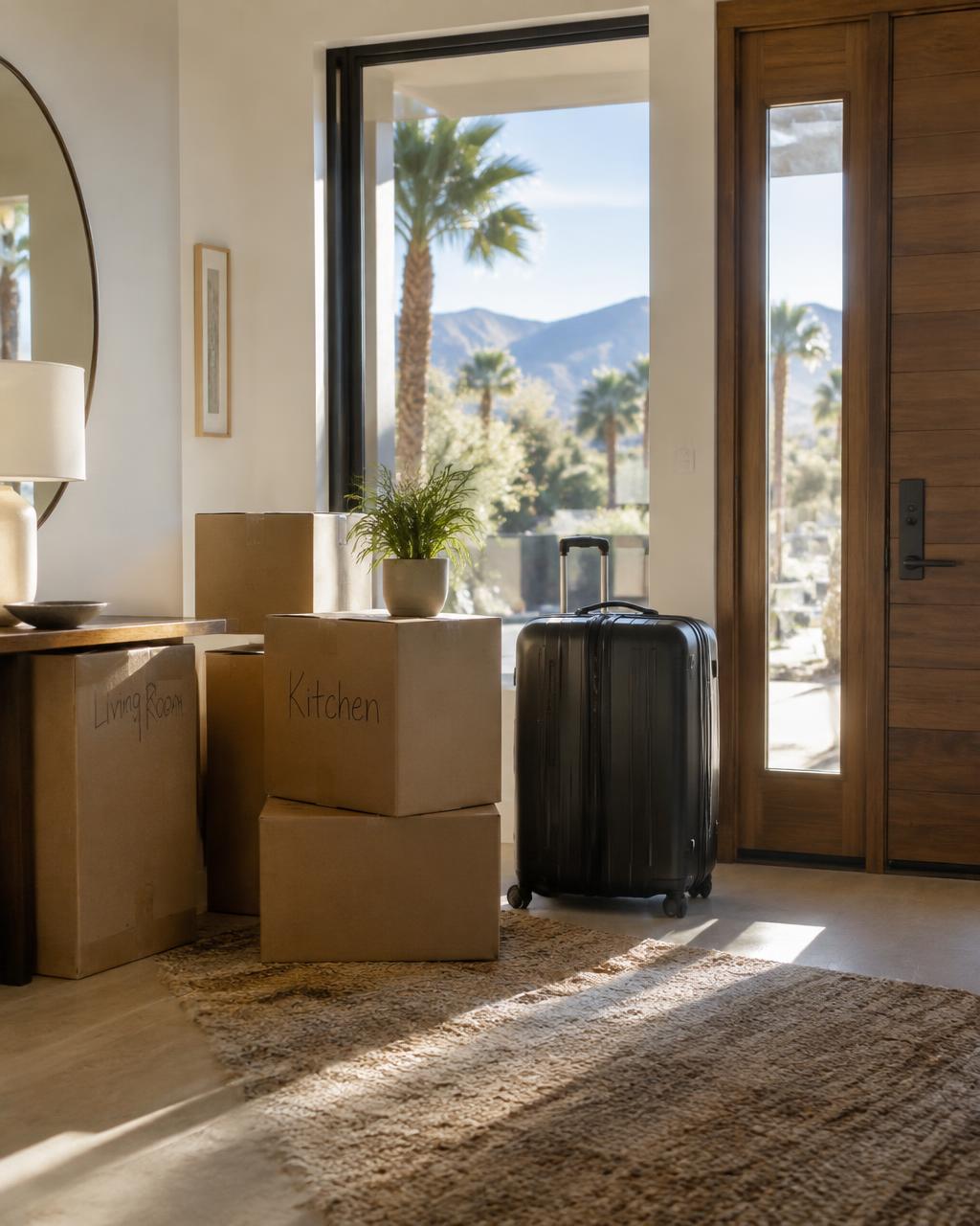 Moving boxes inside a bright Nevada home entryway