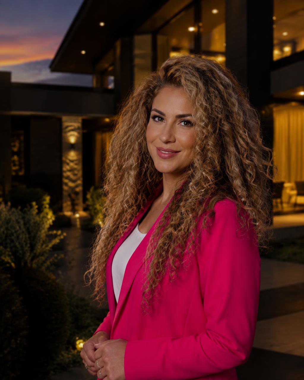 Phiravy “Vee” Sun, Nevada Realtor® with Realty One Group, in front of a luxury home at dusk